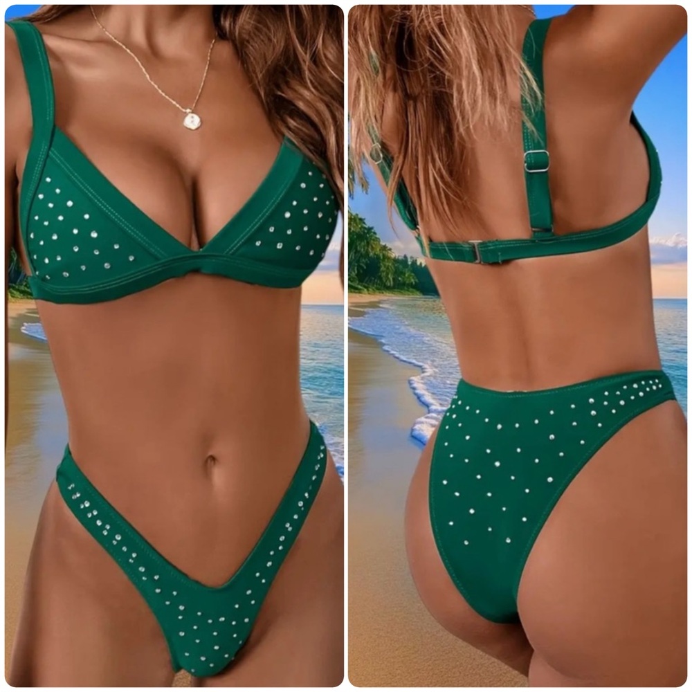 Emerald Green Rhinestone Triangle High Cut Cheeky Bikini Set